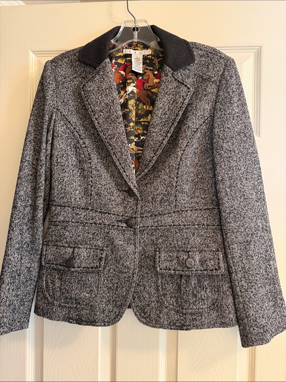 CAbi Gray Tweed Blazer with Black Collar